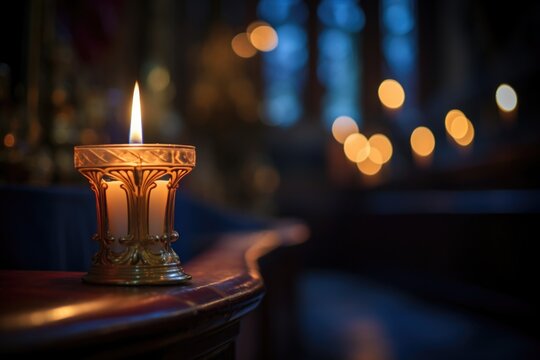 lighted candle in a darkened church