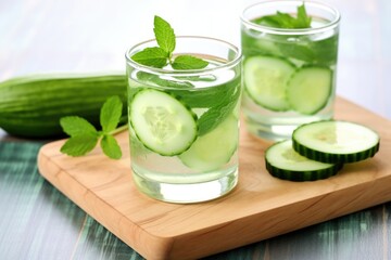 cucumber-mint water in a glass cup beside a slices of cucumber on wooden board