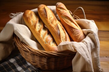 freshly baked french baguettes in a woven basket