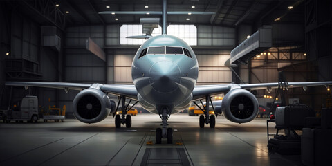 Front view of an aircraft in a hangar undergoing maintenance and repair. Concept of aircraft maintenance with a passenger plane being serviced for engine and fuselage - obrazy, fototapety, plakaty