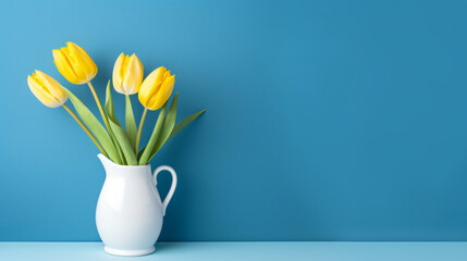 Yellow tulip in white vase on blue background. Copy space