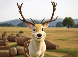 A cute happy deer in a 3D cartoon animation character style, with a charming and friendly character on blurry backdrop - obrazy, fototapety, plakaty