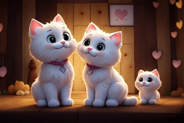 Obraz premium Charming, affectionate cats in a state of love and happiness. Pair of kittens portrayed in a 3D cartoon animation style with a whimsical fantasy character