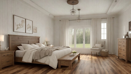 Fototapeta na wymiar Warmth of Wood: Farmhouse Charm in a Modern Bedroom