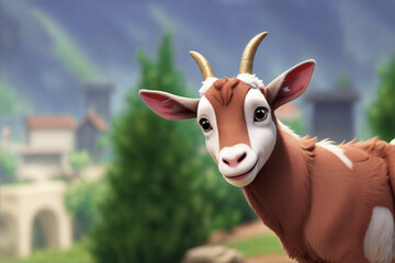 A cute goat in a 3D cartoon animation style, with a charming and friendly lamp character showing happiness and adorableness