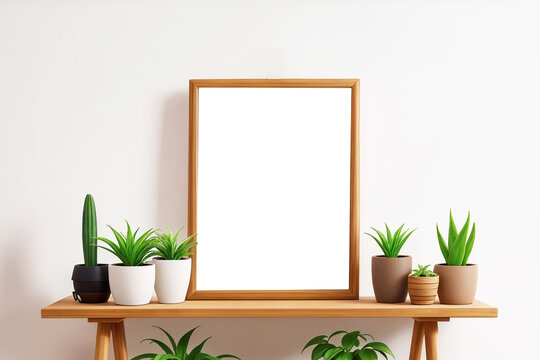 Modern interior living room design mockup with a large blank empty white board poster on wooden shelf with potted plants on both side