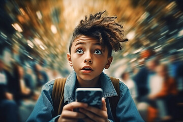 The boy is stunned, a stream of information flies around him. Education, information data, too much media, information, maximalism, news, teenagers’ addiction to social networks. - obrazy, fototapety, plakaty