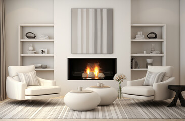 Fototapeta na wymiar Mock up poster in modern home interior with fireplace, Scandinavian style, generative AI