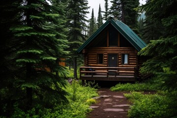 forest cabin surrounded by evergreen trees