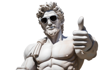 Sculpture of a Greek man showing thumbs up, cut out male statue in Greek style approve