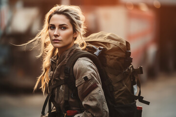 A portrait of a female soldier carrying her gear as she leaves her home for the deployment