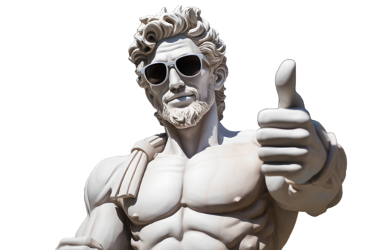 Sculpture of a Greek man showing thumbs up, cut out male statue in Greek style approve