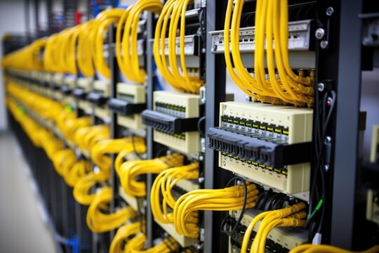 cat6 networking cables plugged in a switch, in a server room