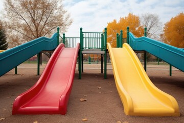 two differently colored playground slides leading in opposite directions