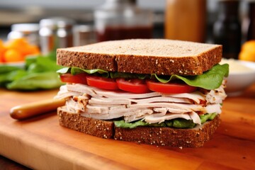 whole wheat bread, turkey, lettuce, and tomatoes set out to make a sandwich - obrazy, fototapety, plakaty