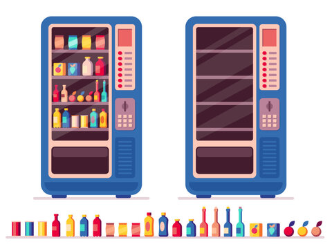 Full vending machine. Automatic snack and beverage dispenser with snacks and beverages, fresh cold and hot products. Vector vending machine with snacks and beverages set