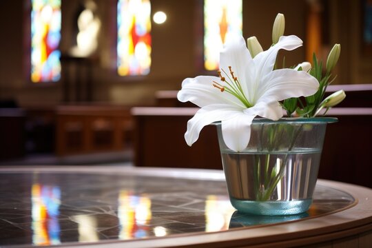 baptismal font with a white lily beside it