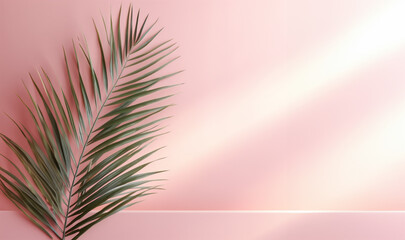 Fototapeta na wymiar Blurred shadow from palm leaves on the pink wall