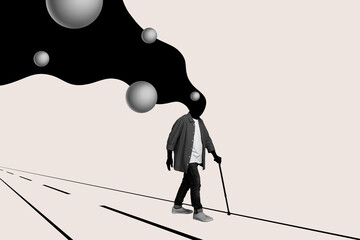 Black white gamma collage of unknown unusual old no face guy walking road way isolated on grey...