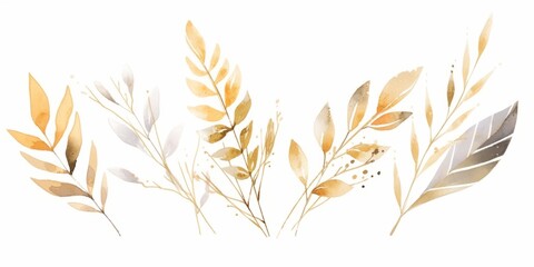 Set of watercolor green leaves with gold lines elements. Clipart botanical collection.