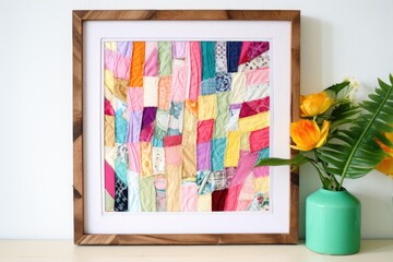 framed colorful wall art made from fabric scraps