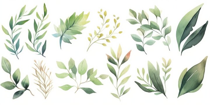 Set of watercolor green leaves elements. Clipart botanical collection.