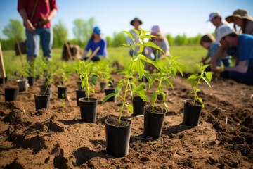 tree planting efforts with young seedlings and tools