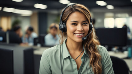 Smiling friendly female call-center agent with headset working on support hotline in the office - obrazy, fototapety, plakaty