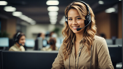 Smiling friendly female call-center agent with headset working on support hotline in the office - obrazy, fototapety, plakaty