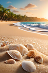 Fototapeta na wymiar Seashells close-up on the golden ocean shore. Palm trees In the distance, and gentle waves creep into the sand.