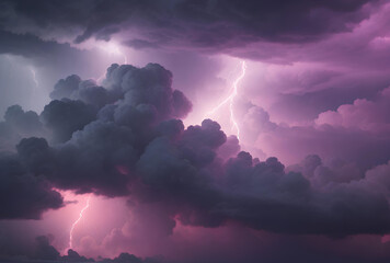 Lightning and stormy grey and pink clouds background. Created with Generative AI technology
