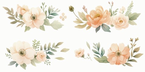 Watercolour floral illustration set. DIY blush pink blue flower, green leaves. - obrazy, fototapety, plakaty