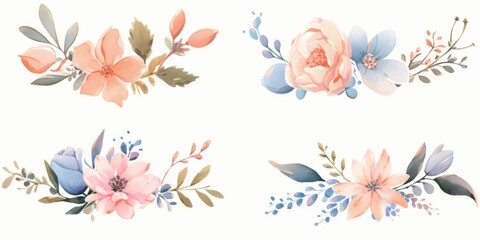 Watercolour floral illustration set. DIY blush pink blue flower, green leaves.