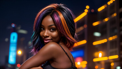 Piękna czarnoskóra kobieta pozuje na tle bardzo nowoczesnego miasta. Kobieta w bogatym stroju bikini z pomalowani włosami i makijażem. Ilustracje w colorystyce Cyberpunk.