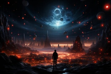 Virtual reality landscape with an intricate mesh of energy particles, Generative AI