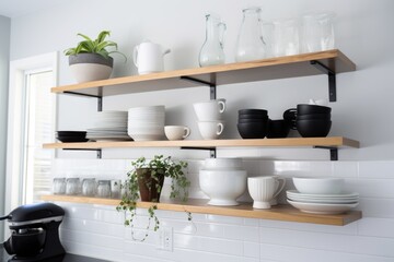 diy open shelves in kitchen with dishes