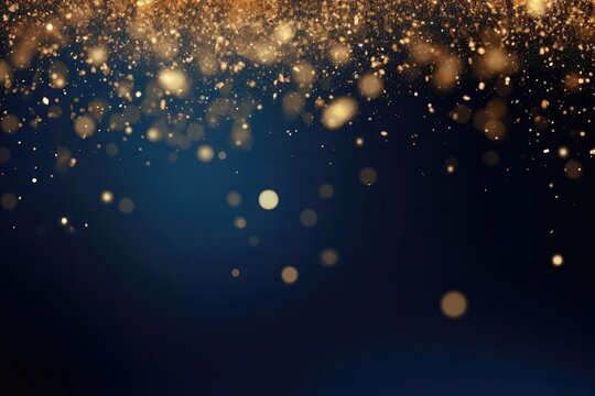 Abstract Background Featuring Dark Blue And Gold Particles, With Golden Light Shine Particles Bokeh Set Against Navy Blue Backdrop The Background Incorporates Gold Foil Texture