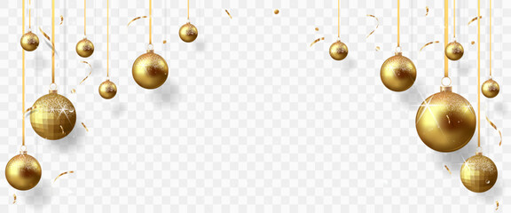Gold christmas balls with shadow and confetti isolated on transparent background	