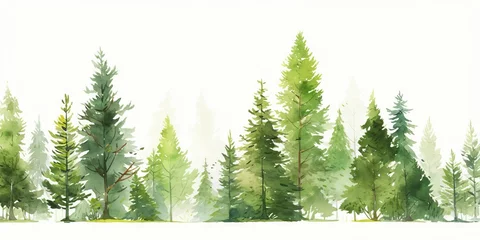 Fototapeten Watercolor background drawn landscape of foggy forest, winter hill. © Artem
