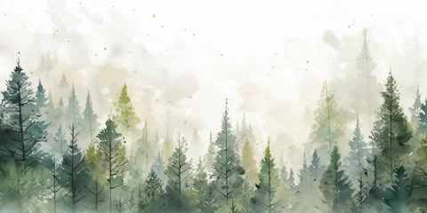 Photo sur Plexiglas Blanche Watercolor background drawn landscape of foggy forest, winter hill.