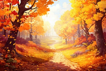 Obraz na płótnie Canvas Enchanting Autumn Landscape With Colorful Foliage, Falling Leaves, And Sunny Atmosphere Digital Art