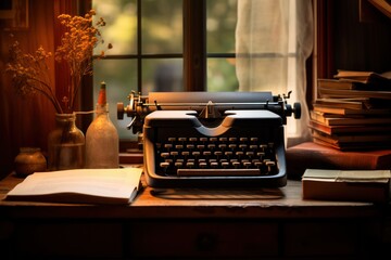 typewriter and a book on the table. cozy. warm. writer concept