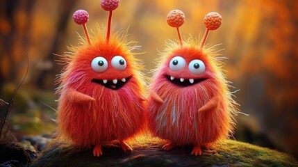 Super adorable orange autumn forest little cartoon like monsters made from colorful wool felt, this couple of oddball cutie pies are so in love, round and fluffy cute bodies with big googly eyes.