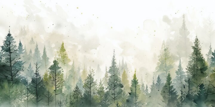 Watercolor background drawn landscape of foggy forest, winter hill.