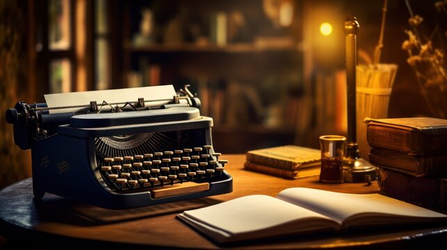 typewriter and a book on the table. cozy. warm. writer concept