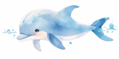 Foto op Canvas Cute kawaii dolphin hand drawn watercolor illustration. © Artem