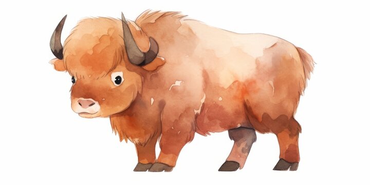 Cute little kawaii buffalo hand drawn watercolor illustration.