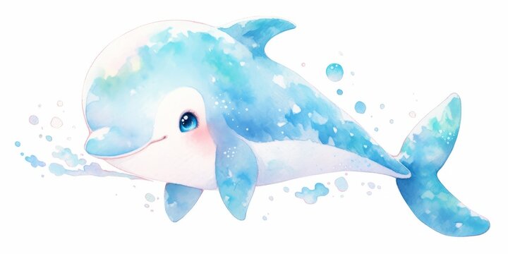 Cute Kawaii Dolphin Hand Drawn Watercolor Illustration.