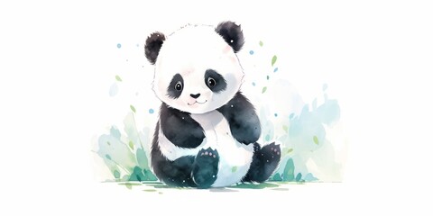 Cute kawaii baby panda hand drawn watercolor illustration.