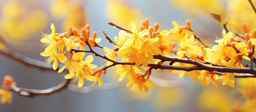 Early spring brings beautiful yellow flowers on witch hazel With copyspace for text